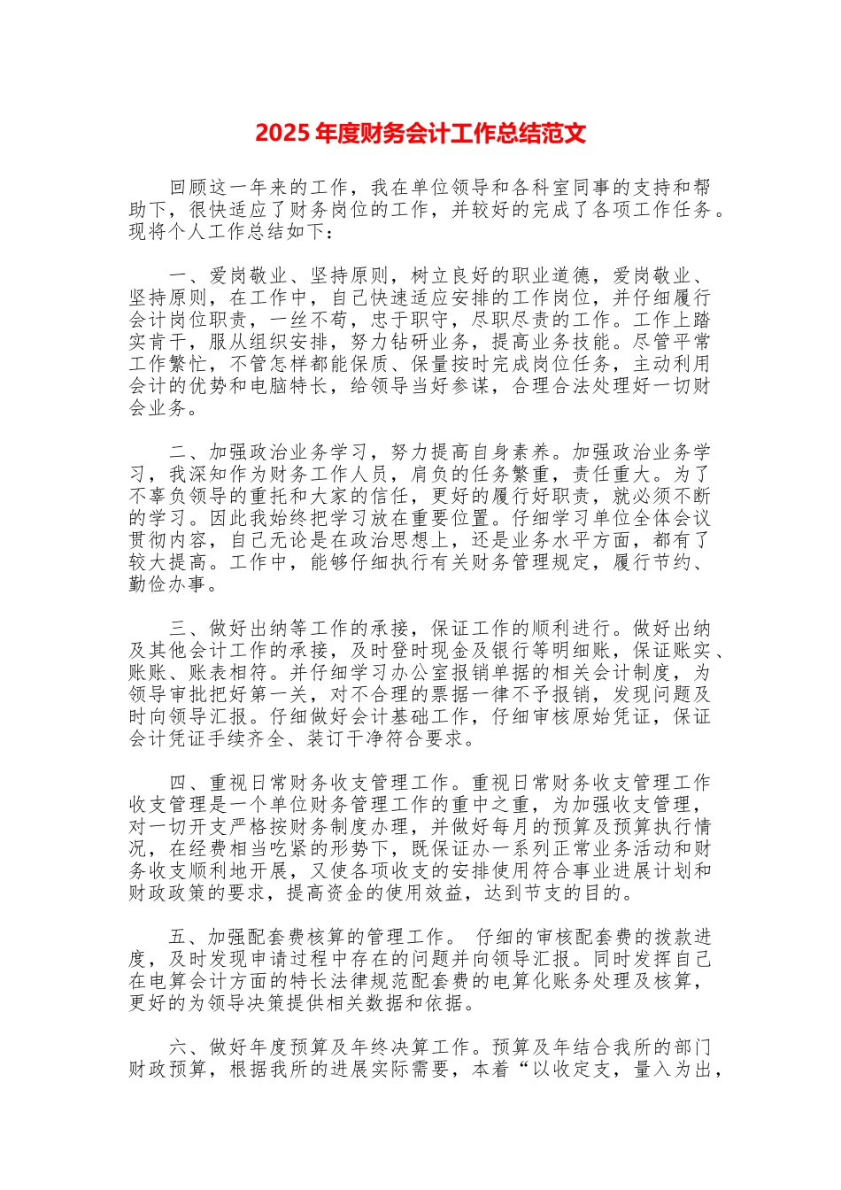 2025年度财务会计工作总结范文_第1页