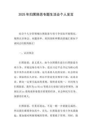 2025年扫黑除恶专题生活会个人发言