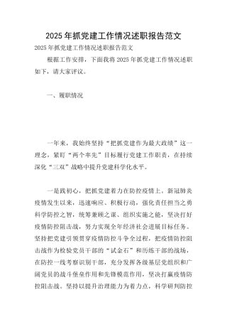 2025年抓党建工作情况述职报告范文