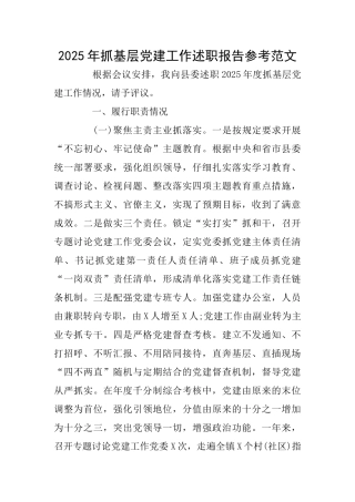 2025年抓基层党建工作述职报告参考范文