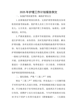 2025年护理工作计划报告例文