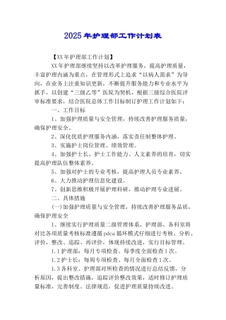 2025年护理部工作计划表