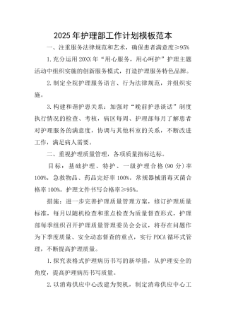 2025年护理部工作计划模板范本