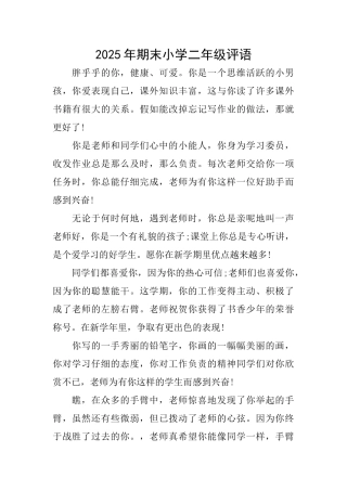 2025年期末小学二年级评语
