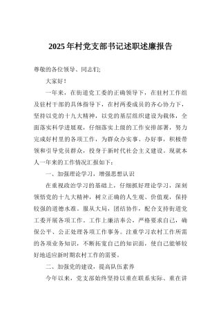 2025年村党支部书记述职述廉报告