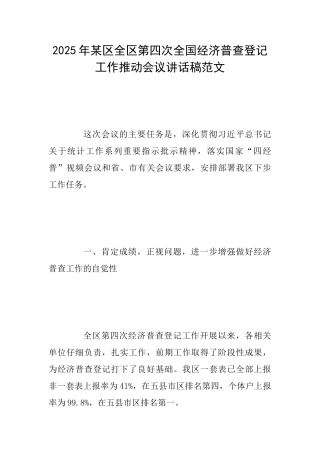 2025年某区全区第四次全国经济普查登记工作推进会议讲话稿范文