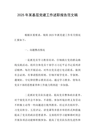 2025年某基层党建工作述职报告范文稿