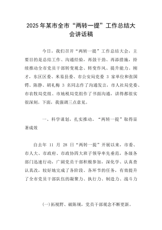 2025年某市全市“两转一提”工作总结大会讲话稿