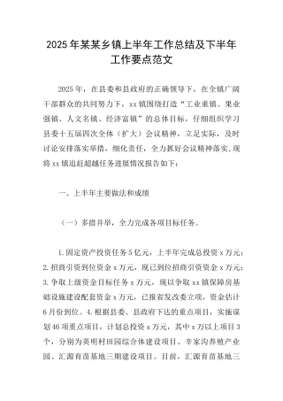 2025年某某乡镇上半年工作总结及下半年工作要点范文
