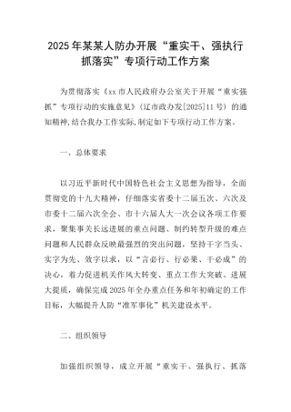 2025年某某人防办开展“重实干、强执行抓落实”专项行动工作方案