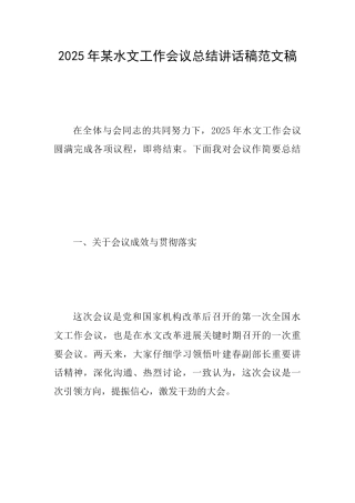2025年某水文工作会议总结讲话稿范文稿