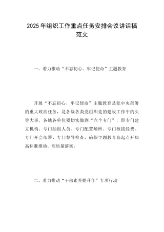 2025年组织工作重点任务安排会议讲话稿范文