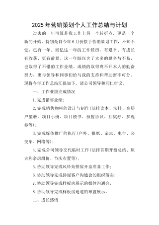 2025年营销策划个人工作总结与计划