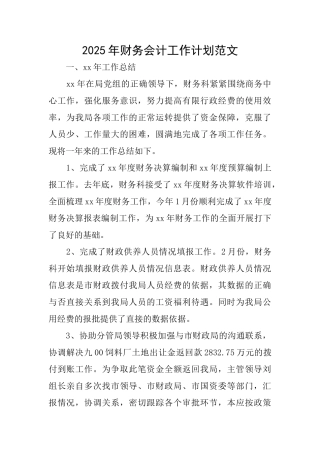 2025年财务会计工作计划范文