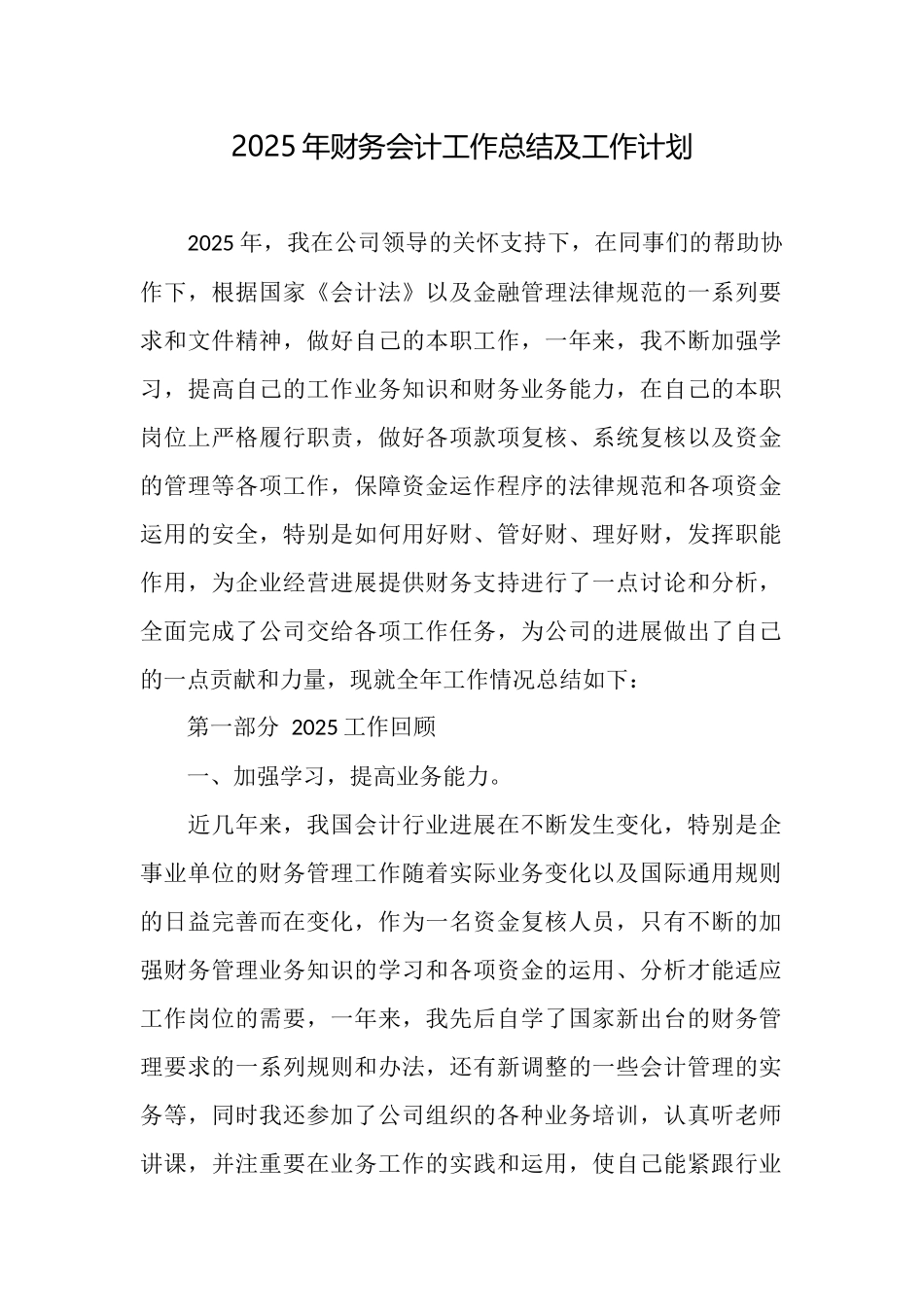 2025年财务会计工作总结及工作计划_第1页