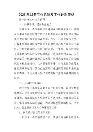 2025年财务工作总结及工作计划表格