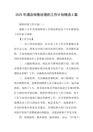 2025年酒店销售经理的工作计划精选5篇