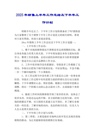 2025年销售上半年工作总结及下半年工作计划