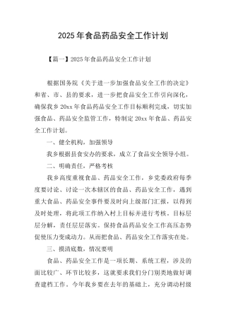 2025年食品药品安全工作计划