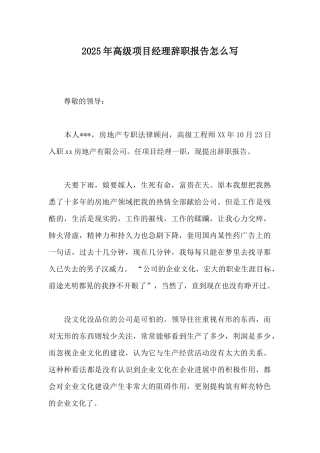 2025年高级项目经理辞职报告怎么写