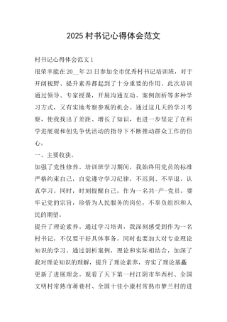 2025村书记心得体会范文
