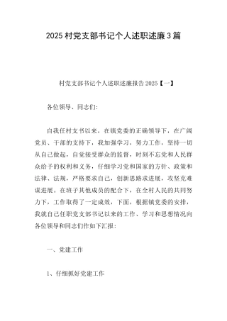 2025村党支部书记个人述职述廉3篇