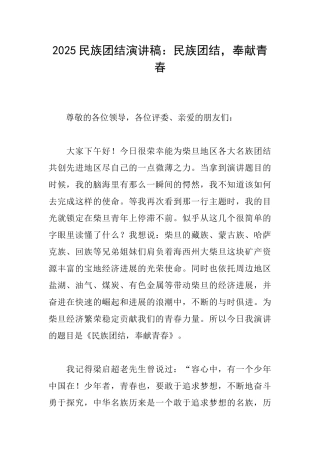 2025民族团结演讲稿：民族团结奉献青春