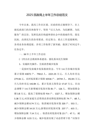 2025民政局上半年工作总结范文