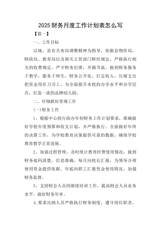 2025财务月度工作计划表怎么写