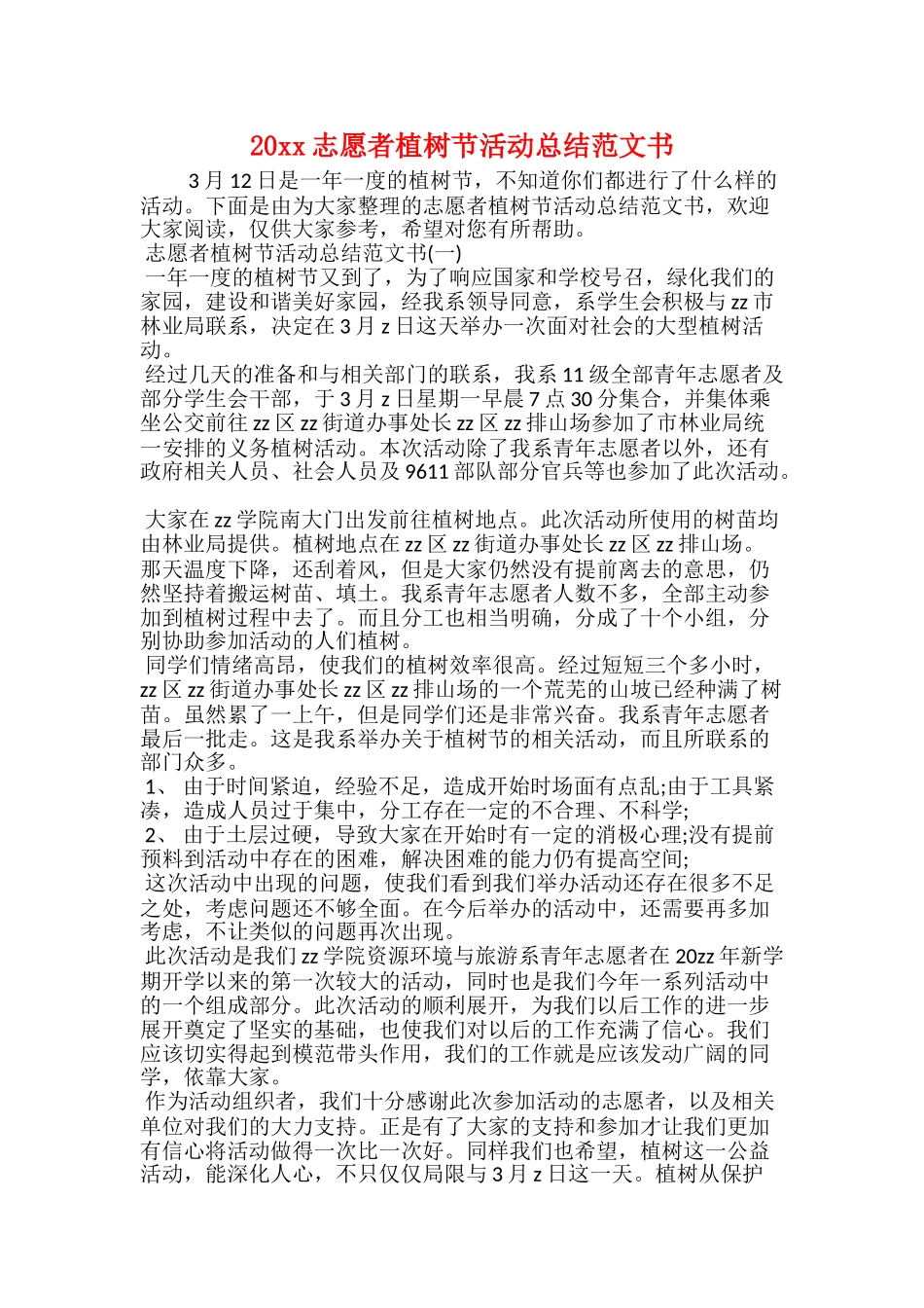 20xx志愿者植树节活动总结范文书_第1页
