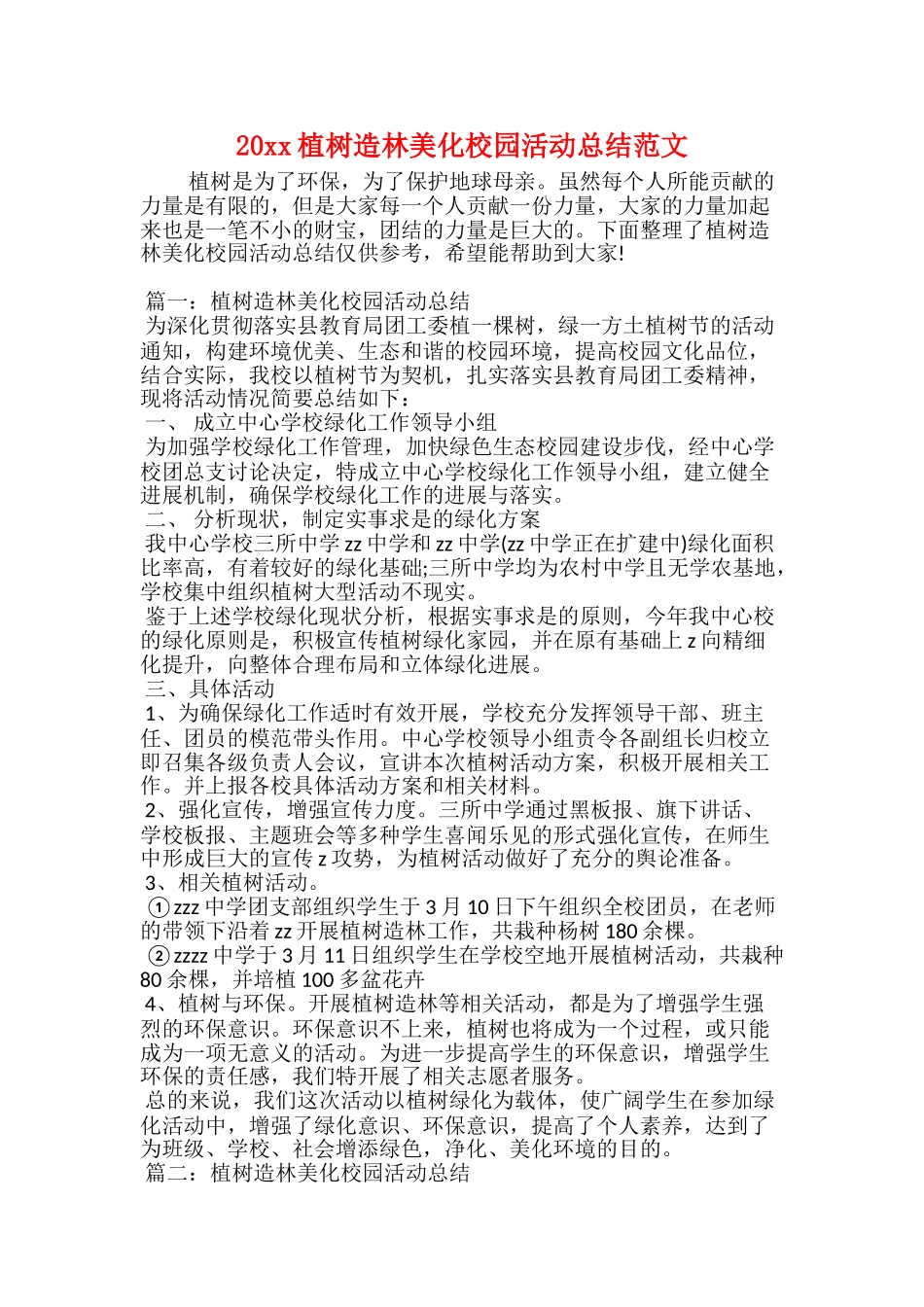 20xx植树造林美化校园活动总结范文_第1页