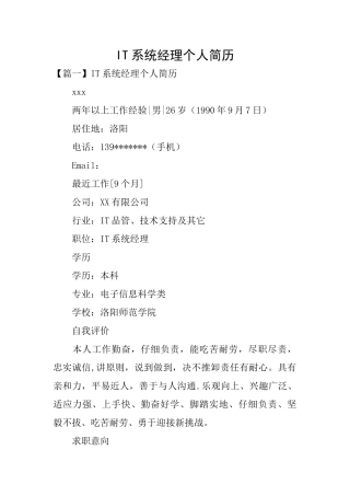 IT系统经理个人简历