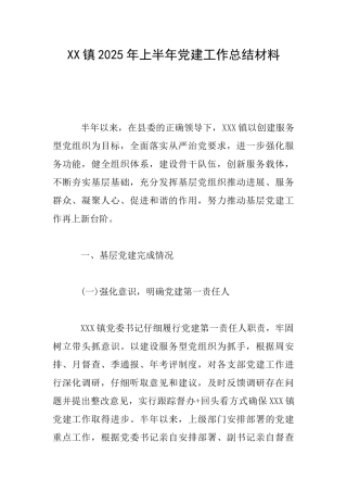 XX镇2025年上半年党建工作总结材料