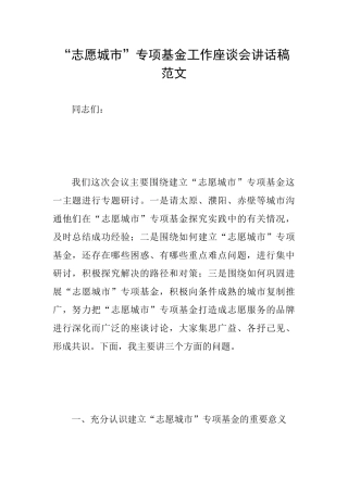 “志愿城市”专项基金工作座谈会讲话稿范文