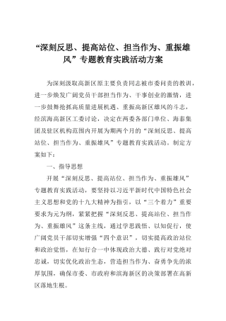 “深刻反思、提高站位、担当作为、重振雄风”专题教育实践活动方案