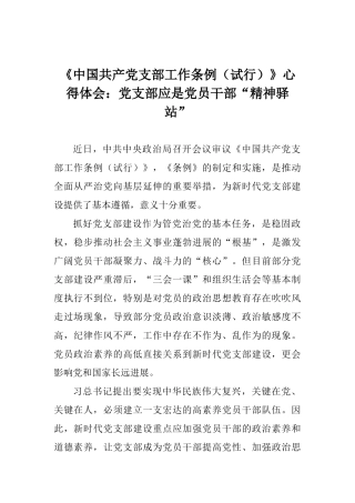 《中国共产党支部工作条例》心得体会：党支部应是党员干部“精神驿站”