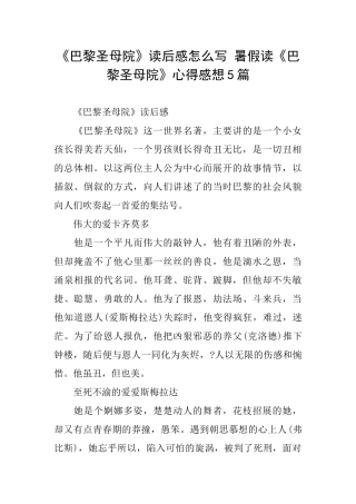 《巴黎圣母院》读后感怎么写暑假读《巴黎圣母院》心得感想5篇