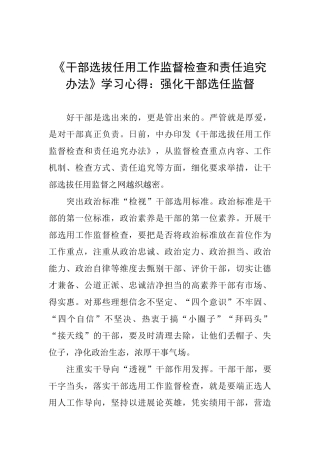 《干部选拔任用工作监督检查和责任追究办法》学习心得：强化干部选任监督