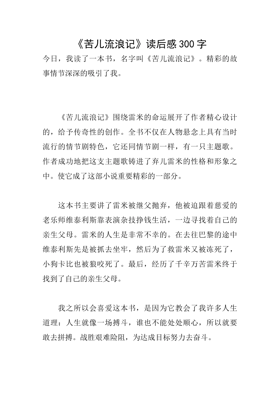 《苦儿流浪记》读后感300字_第1页