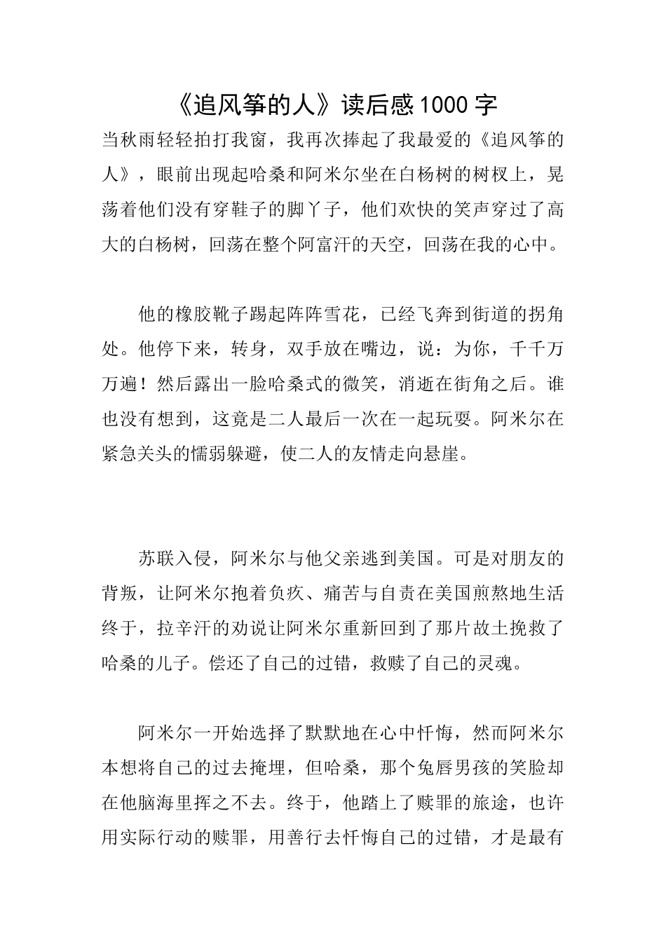 《追风筝的人》读后感1000字_第1页