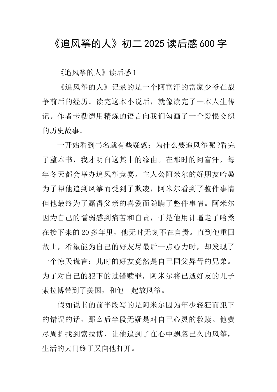 《追风筝的人》初二2025读后感600字_第1页