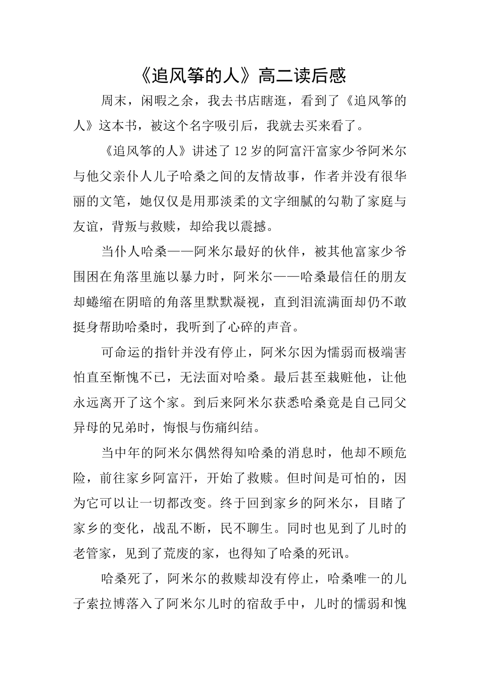 《追风筝的人》高二读后感_第1页