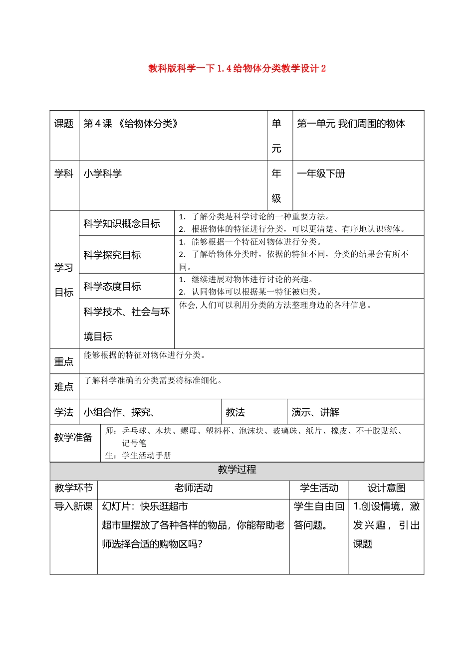 【科学】教科版科学一下1.4给物体分类教学设计2_第1页