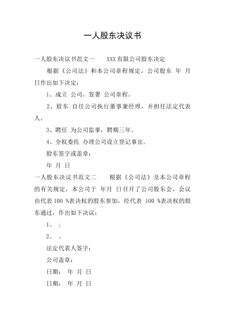 一人股东决议书