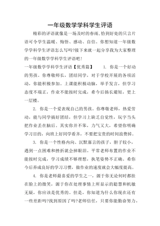 一年级数学学科学生评语