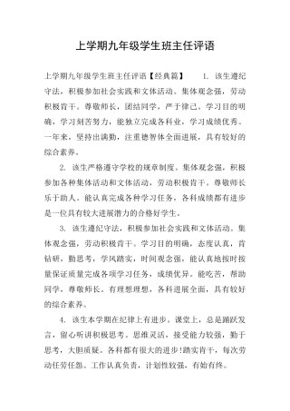 上学期九年级学生班主任评语
