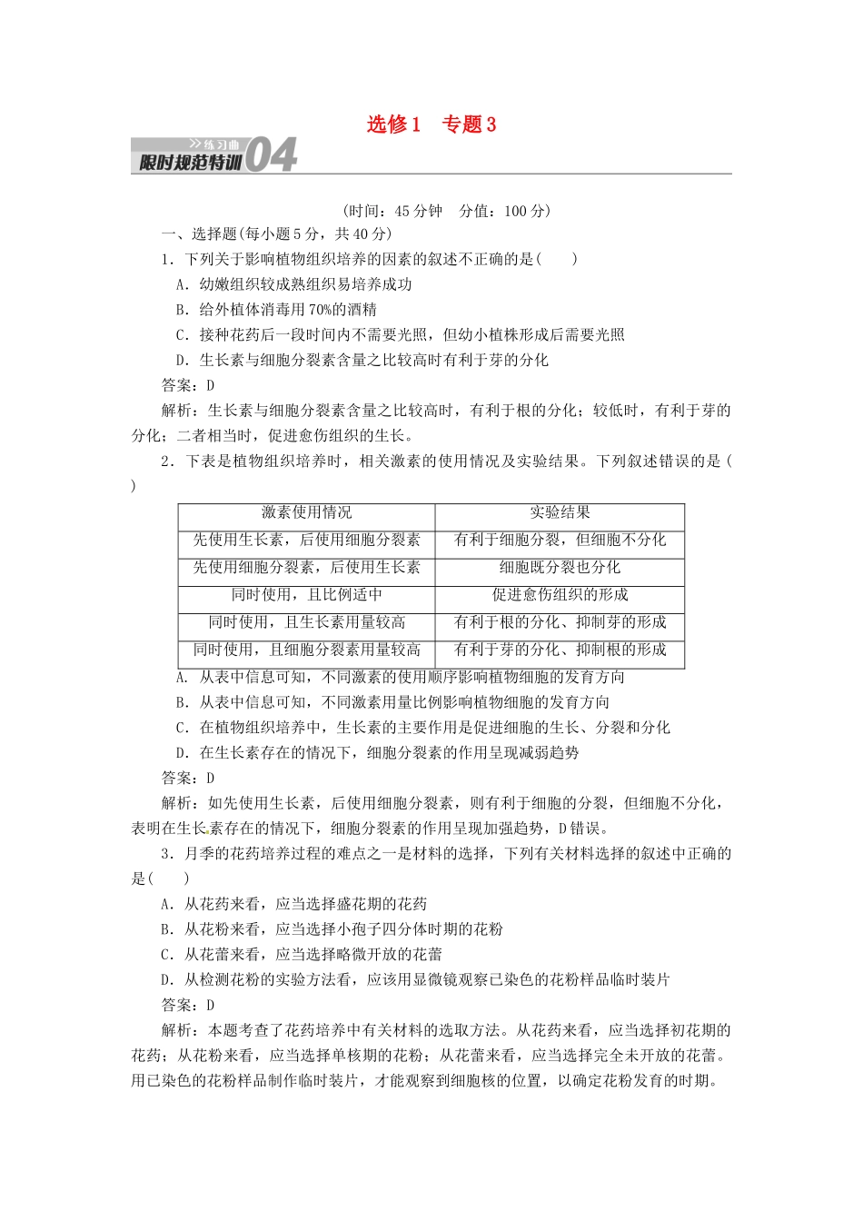 【金版教程】2014届高考生物一轮复习 限时规范特训 专题3 新人教版选修1_第1页