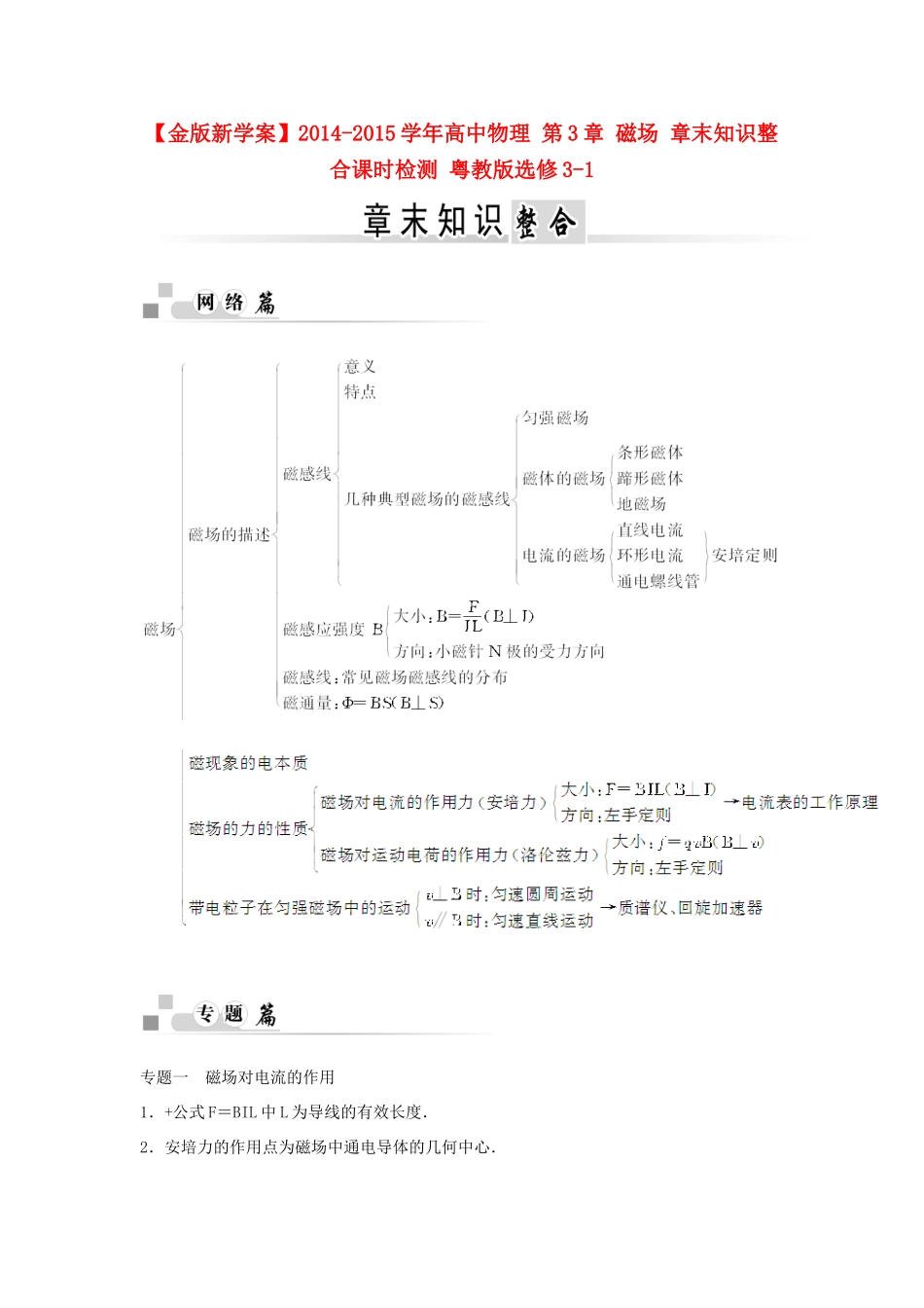 【金版新学案】2014-2015学年高中物理 第3章 磁场 章末知识整合课时检测 粤教版选修3-1_第1页