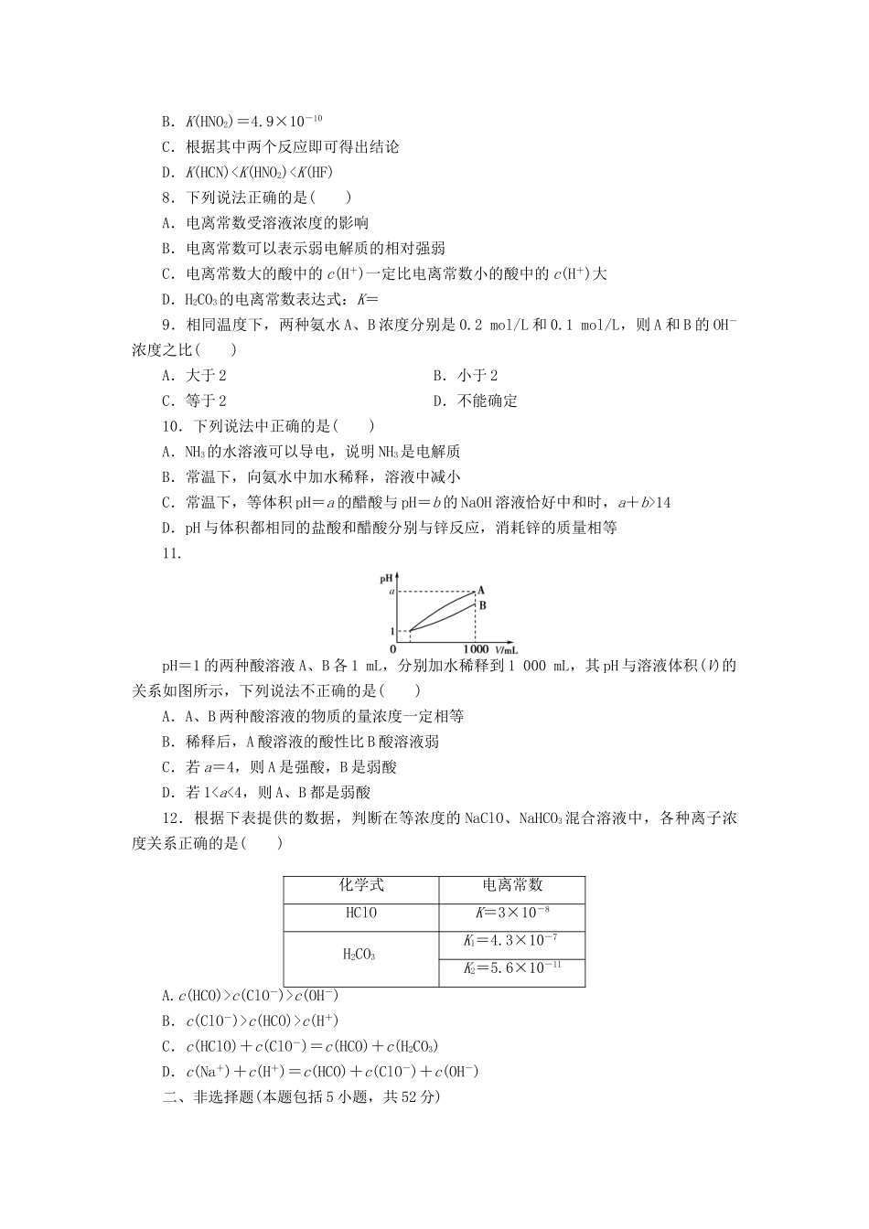 【金版新学案】（安徽专用）2014高三化学大一轮复习讲义 课时作业二十四 弱电解质的电离 新人教版_第2页