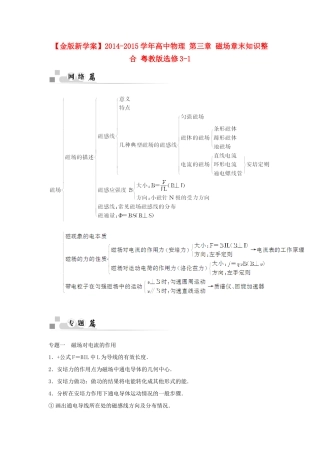 【金版新学案】2014-2015学年高中物理 第三章 磁场章末知识整合 粤教版选修3-1